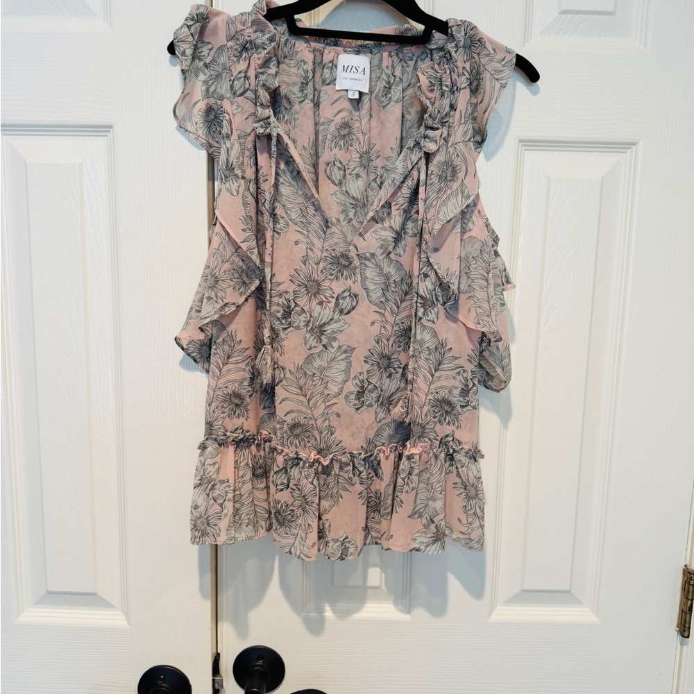 Misa Los Angeles Pink and Gray Floral Ruffle Blouse